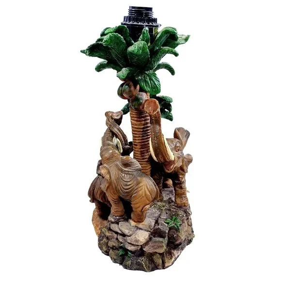 Vtg Tropical Elephants Mother Baby Babies  Safari Jungle Palm Trees Table Lamp - Picture 3 of 9